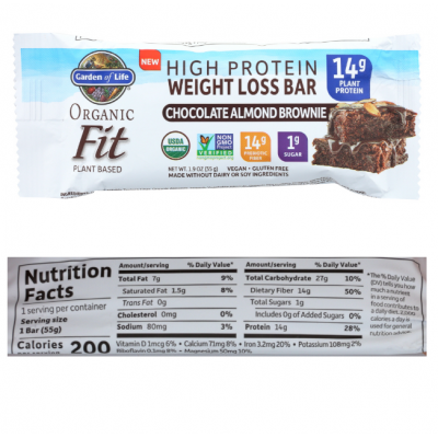 Garden Of Life, Fit High Protein Bar 14 g, Weight Loss, Chocolate Almond Brownie, 1.9 Oz, Pack Of 12