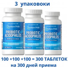 Puritan's Pride Probiotic Acidophilus, Пробиотик Ацидофилус, 100 миллионов живых культур, 100 таблеток ( 3 упаковки)