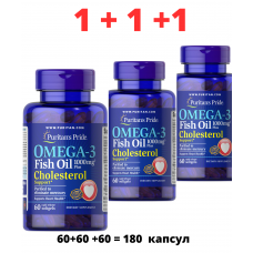 Puritan's Pride Омега-3 рыбий жир Плюс поддержка уровня холестерина, 60 шт. x 3 упаковки