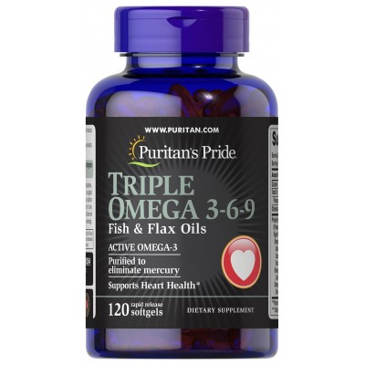 Puritan's Pride Тройная Омега-3-6-9 рыбий жир и масло льна поддерживают здоровье сердца, 120 мягких таблеток
