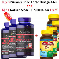 Buy 3 of Puritan's Pride Maximum Strength Triple Omega 3-6-9, 240 Softgels and Get 4 Nature Made D3 5000 IU Free