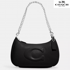 Coach Сумочка на плечо  Teri Shoulder Bag c фирменной отстрочкой, гладкая кожа/серебро/черный