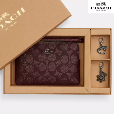 Coach Boxed Corner Zip Wristlet In Signature Canvas With Charms Gunmetal/Wine Multi