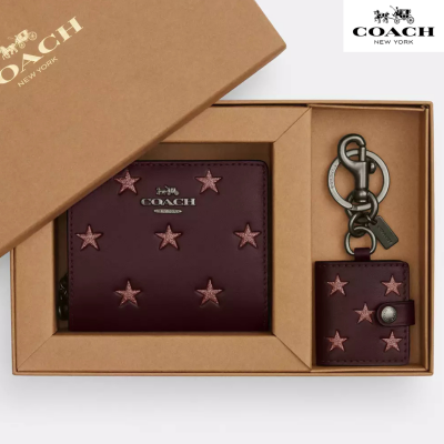 Coach подарочный набор в коробке кожаный кошелек и брелок-рамка для фотографий со звездами, бордовый