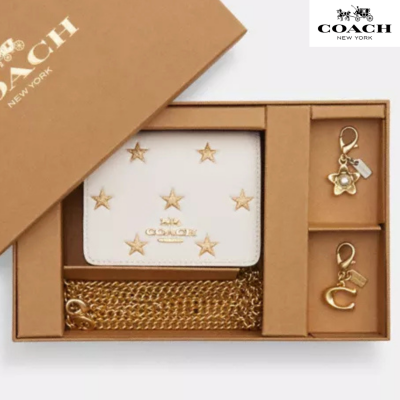 Coach подарочный набор в коробке кожаный Мини-кошелек на цепочке со звездным принтом, белый