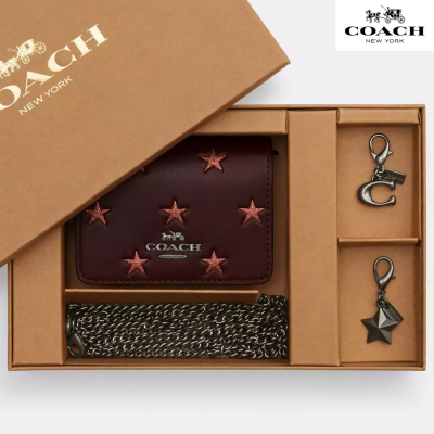 Coach подарочный набор в коробке кожаный Мини-кошелек на цепочке со звездным принтом, бордовый