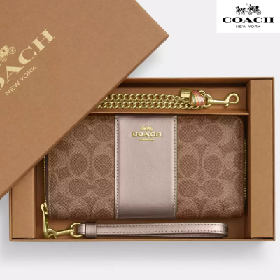 Coach Boxed Long Zip Around Wallet In Signature Canvas Gold/Tan/Light Champagne