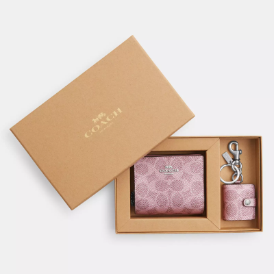 Coach コーチ 箱入りスナップ財布と額縁バッグチャーム  シグネチャーキャンバスシルバーピンク