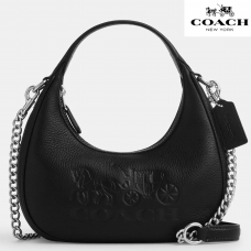 Сумка через плечо Coach мини Carmen из натуральной галечной  кожи, черная с серебром