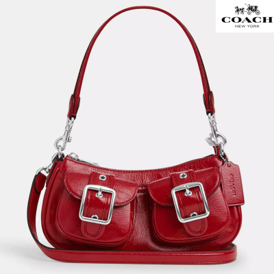 Coach コーチ アシュトン バゲット バッグ パテントレザー シルバー/赤色