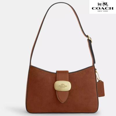 Coach Eliza Shoulder Bag With Zipper Closure In Suede/Gold/Sienna Brown