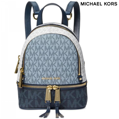 Michael KORS Rhea ミニ ロゴ バックパック、ネイビー/ホワイト/ペールブルー