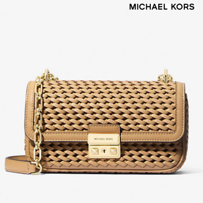 Michael KORS Tribeca Small Hand-Woven Leather Shoulder Bag Camel/Gold