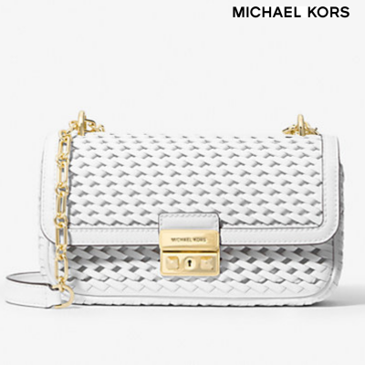 Michael KORS Tribeca Small Hand-Woven Leather Shoulder Bag Optic White