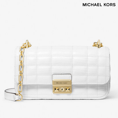 Michael KORS Tribeca Small Quilted Lizard Embossed Leather Shoulder Bag Optic White