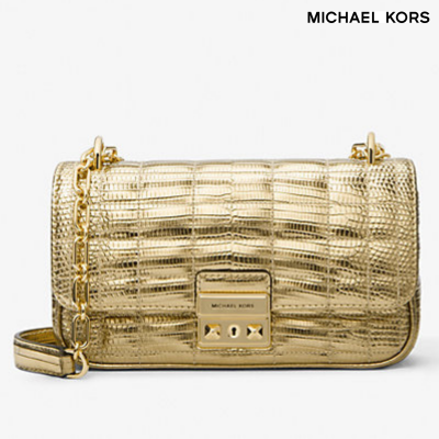 Michael KORS Tribeca Small Quilted Lizard Embossed Leather Shoulder Bag Pale Gold