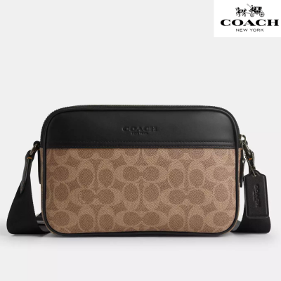 Coach Graham Crossbody Bag In Signature Canvas, for men, Qb/Tan/Black