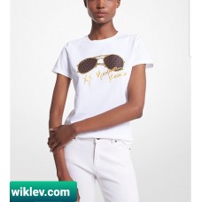 MICHAEL KORS ロゴ アビエーター プリント オーガニックコットン女性用 Tシャツ, 白色