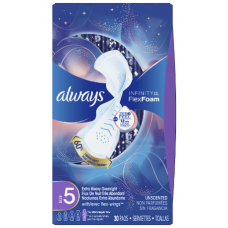 Always Infinity Size 5 Extra heavy flow Overnight Sanitary Pads with Wings, Unscented, 22 Count 