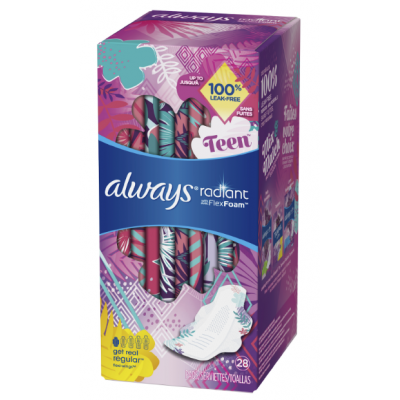 Always Radiant Flex Foam, для подростков, прокладки регуляр с крылышками, с алое, без запаха, 28 шт