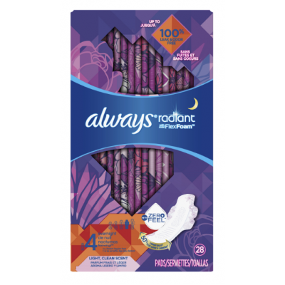 Always Radiant Flex Foam, гигиенические прокладки с алоэ с крылышками, размер 4, ароматизированные, с легким ароматом чистоты, ночные, 28 шт