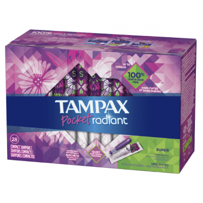 Tampax Pocket Radiant Compact Tampons Super Absorbency, 28 Count