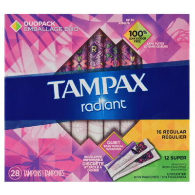 Tampax Radiant Tampons Duo Pack (Regular/Super), Unscented, 28 Count