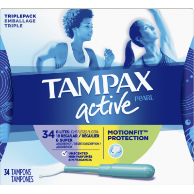 TAMPAX Pearl Active тампоны для активных дней, Тройная упаковка (8 легкие, 18 регуляр и 8 Супер), пластиковый футляр, без аромата, 34 шт