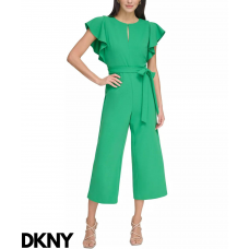 DKNY レディース ファッション　フラッタ 袖　 ベルト付きジャンプスーツ,　緑色