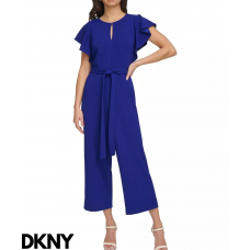 DKNY レディース ファッション　フラッタ 袖　 ベルト付きジャンプスーツ,　ブルー