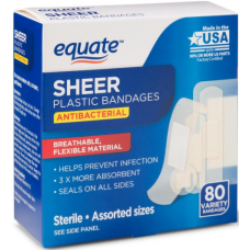 Equate Sheer Antibacterial Plastic Bandages/ Прозрачные антибактериальные пластиковые пластыри, разных размеров, 80 шт.