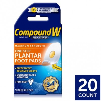 CompoundW Maximum Strength One Step for Plantar Warts, Wart Remover Foot Pads, 20 Count